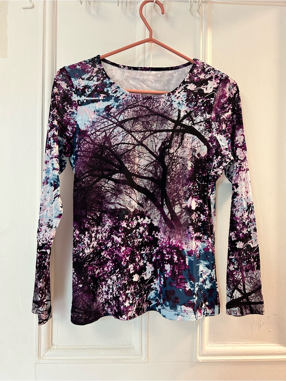 Long-Sleeve Spooky Tree Print Mesh Top - Purple